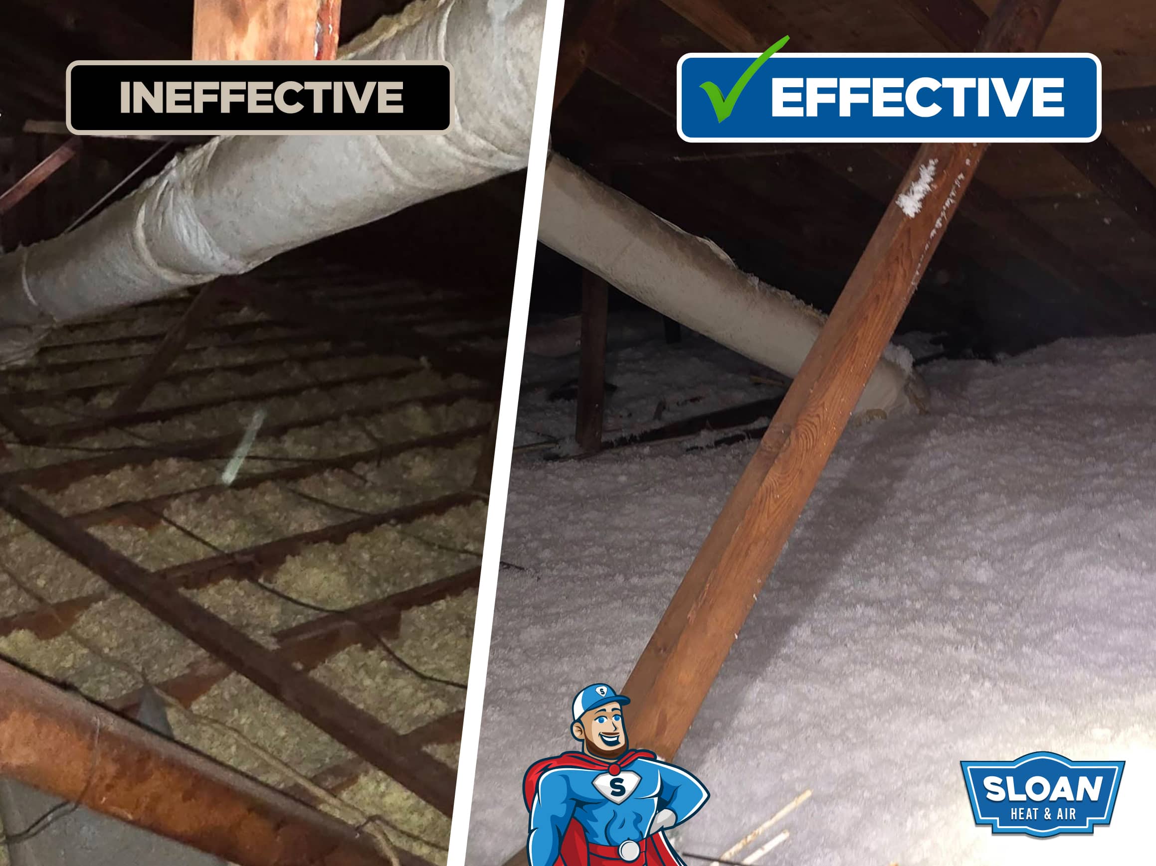 Before and After photo of attic insulation by Sloan Heat & Air near Athens TX